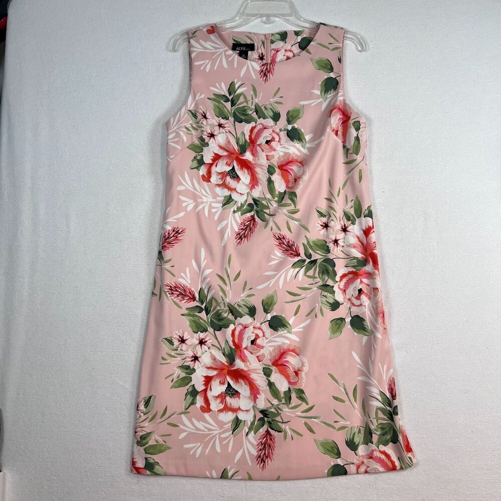 ALYX Midi Dress‎ Sz 10 Sleeveless Pink White Floral Flowers Polyester Spandex